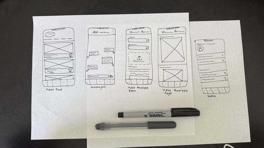 Early hand-drawn sketches of the video feed, messages, video analysis form, and profile screens