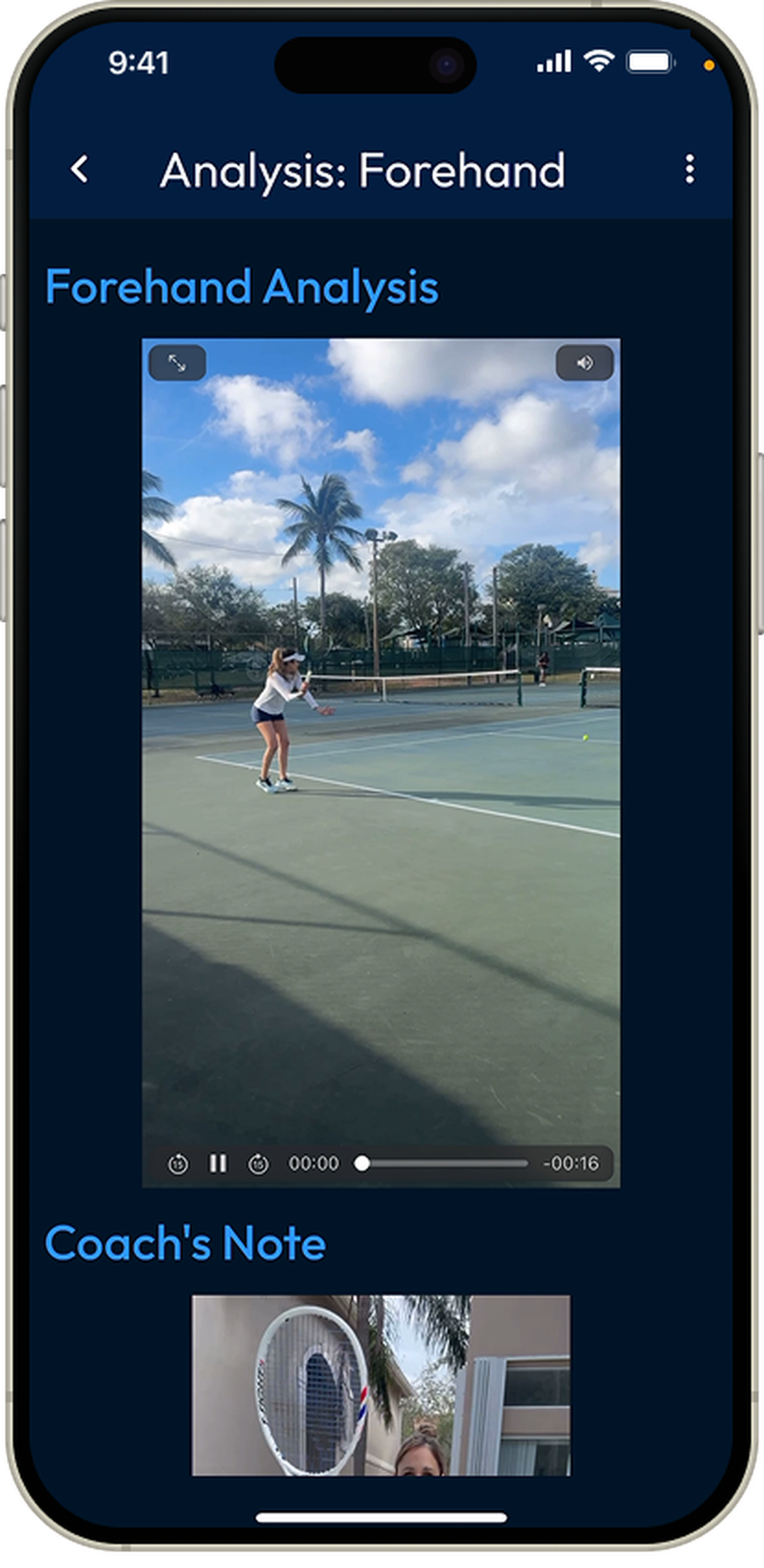 Forehand video analysis screen with coach's note