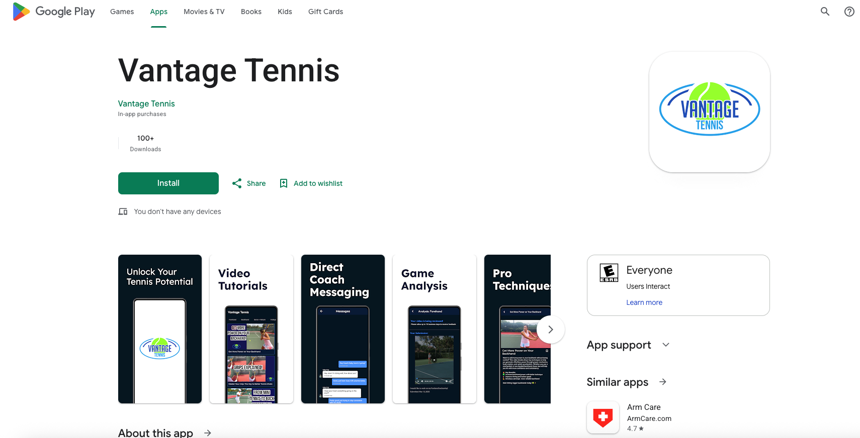 Vantage Tennis live on the Google Play Store