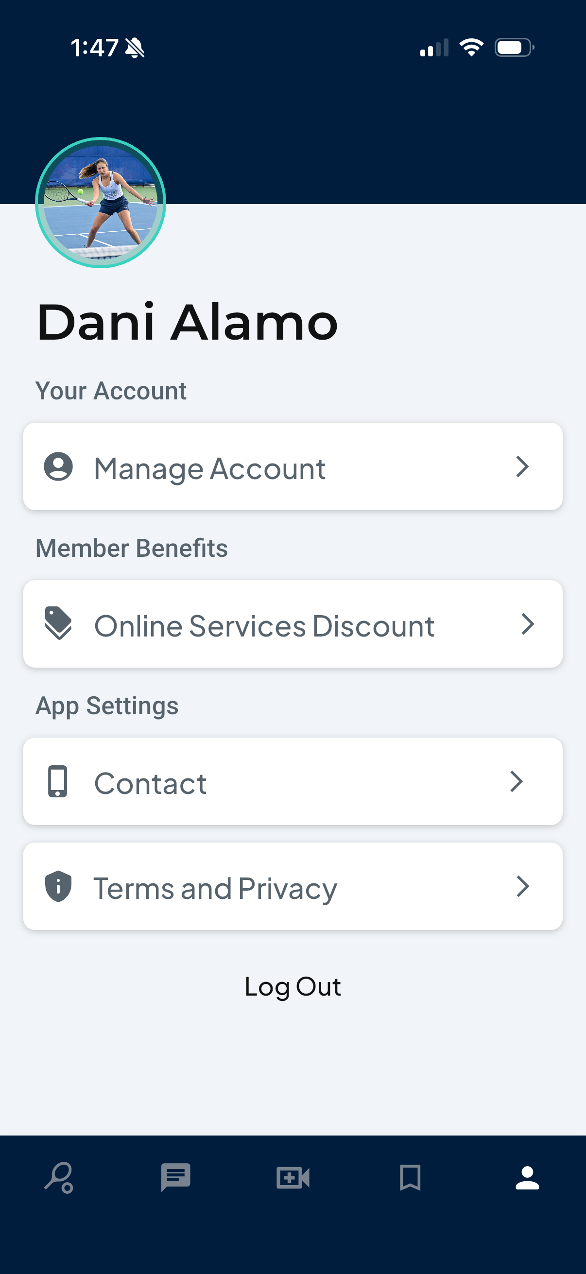 Profile screen with account and subscription management