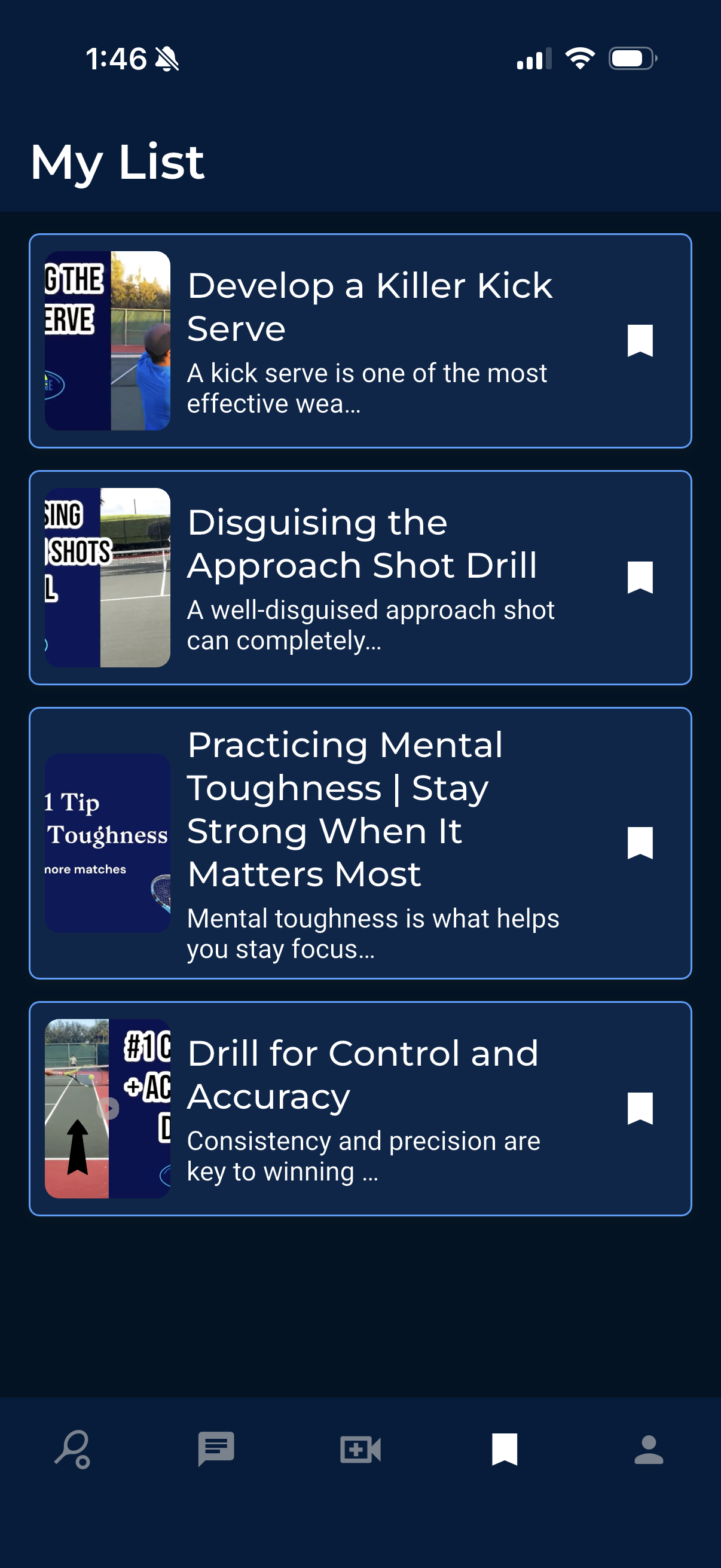 Saved videos list showing bookmarked training content